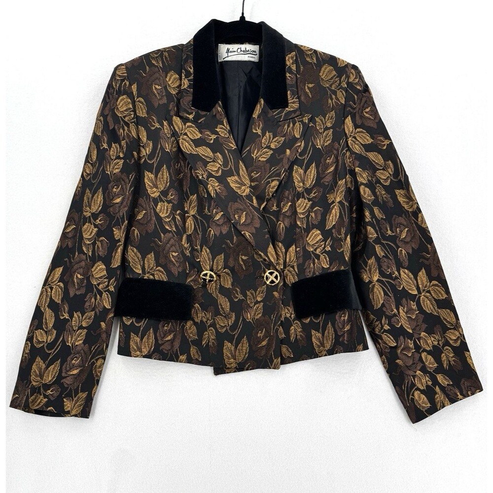 Vintage 80s Alain Chabason Paris Blazer Womens Floral Brocade Velvet Made France